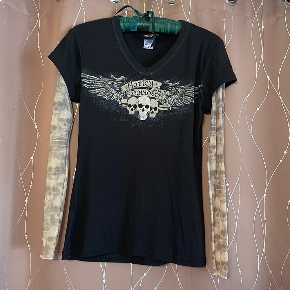 Harley Davidson Tee with mesh skull sleeves